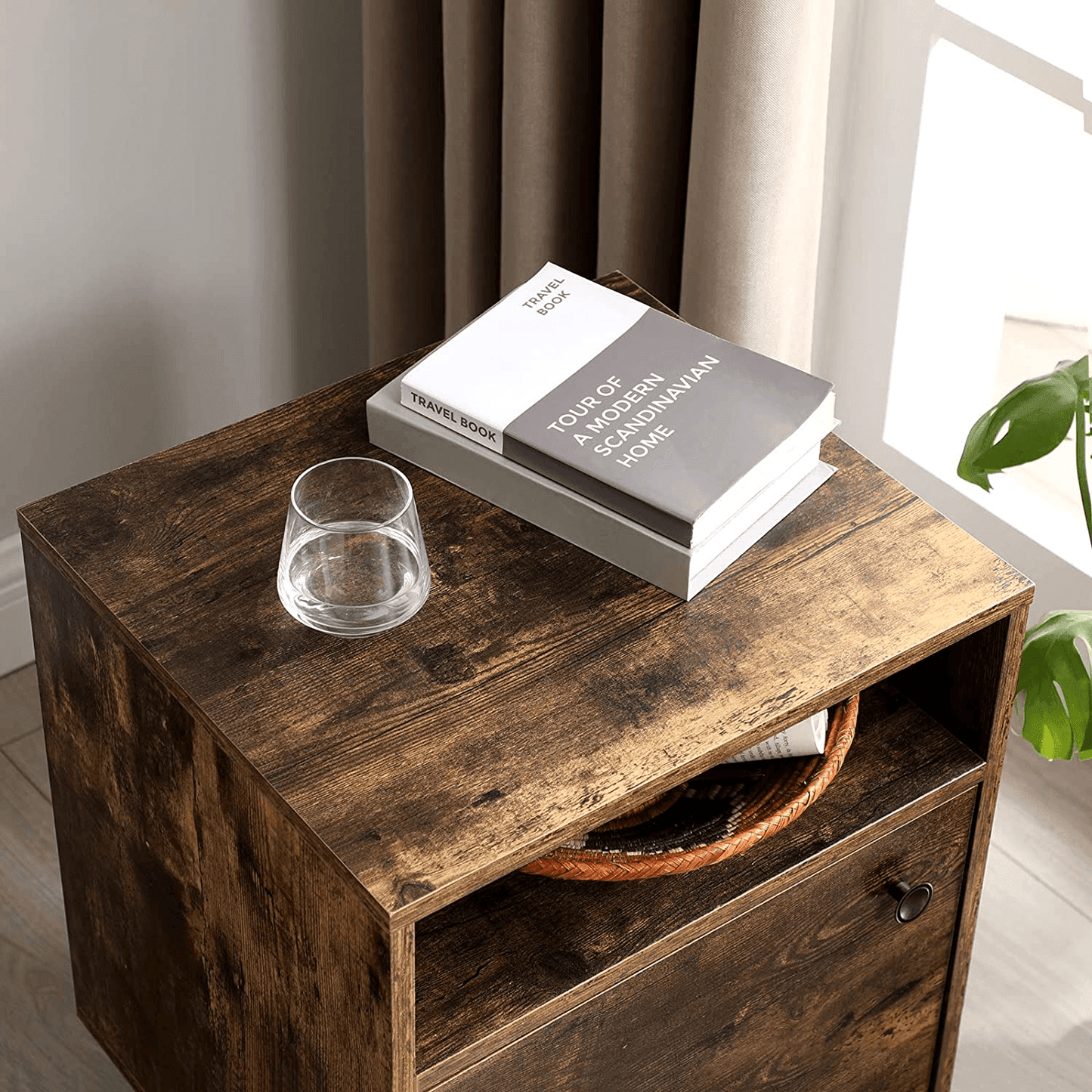 Nightstand, End Table, Sofa Side Table with Open Shelf and Cabinet, Tapered Legs, for Bedroom, Retro Style, Rustic Brown FredCo
