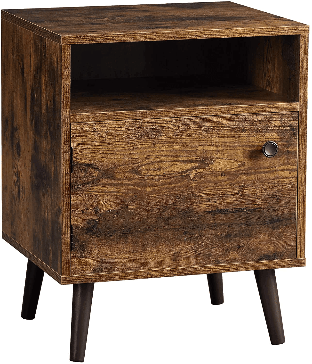 Nightstand, End Table, Sofa Side Table with Open Shelf and Cabinet, Tapered Legs, for Bedroom, Retro Style, Rustic Brown FredCo
