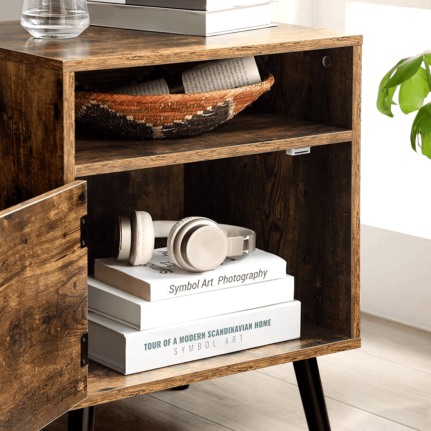 Nightstand, End Table, Sofa Side Table with Open Shelf and Cabinet, Tapered Legs, for Bedroom, Retro Style, Rustic Brown FredCo
