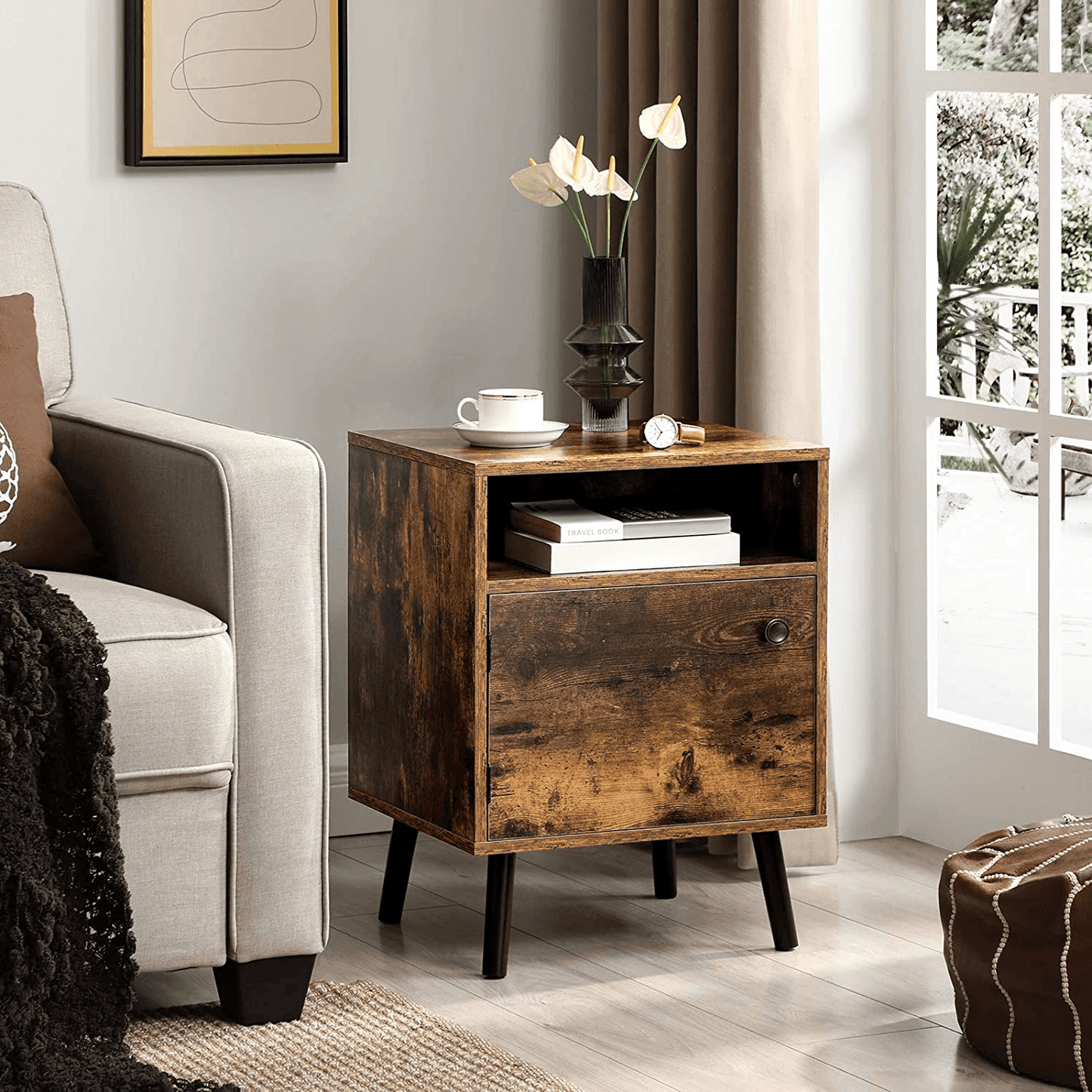 Nightstand, End Table, Sofa Side Table with Open Shelf and Cabinet, Tapered Legs, for Bedroom, Retro Style, Rustic Brown FredCo