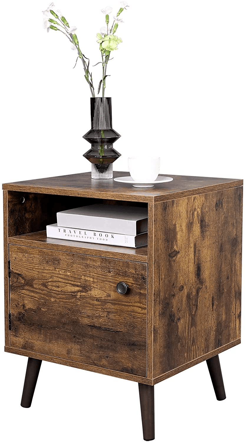 Nightstand, End Table, Sofa Side Table with Open Shelf and Cabinet, Tapered Legs, for Bedroom, Retro Style, Rustic Brown FredCo