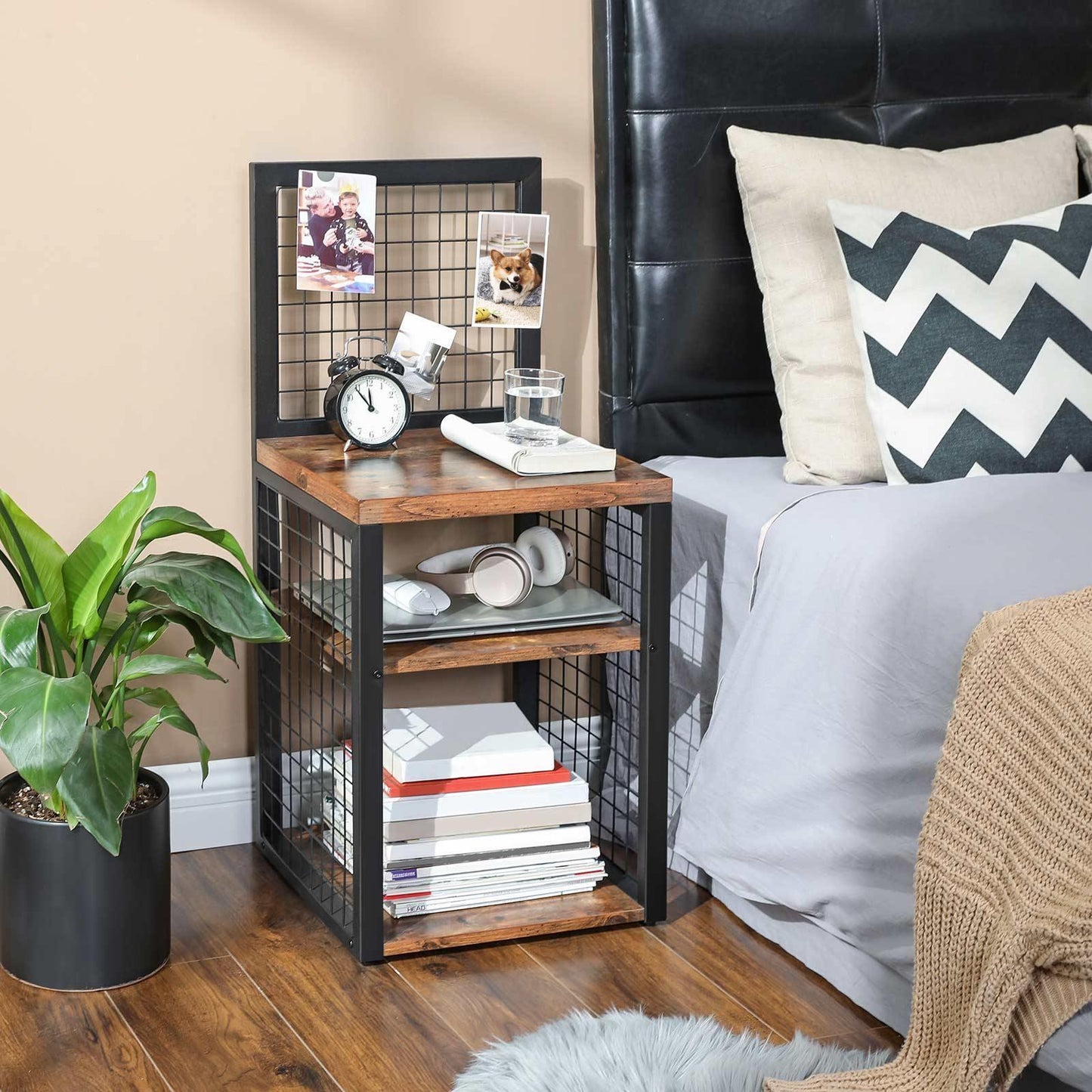 Nightstand with Grid Wall Panel Rustic Brown FredCo