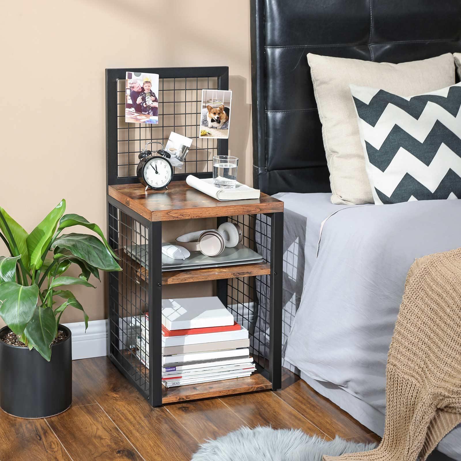 Nightstand with Grid Wall Panel Rustic Brown FredCo