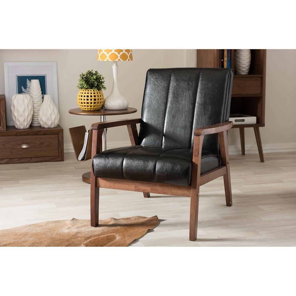 Nikko Mid-century Modern Scandinavian Style Black Faux Leather Wooden Lounge Chair FredCo