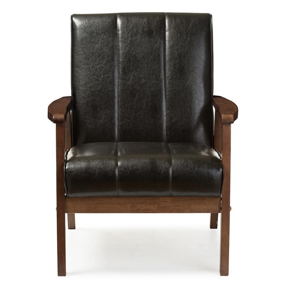 Nikko Mid-century Modern Scandinavian Style Black Faux Leather Wooden Lounge Chair FredCo