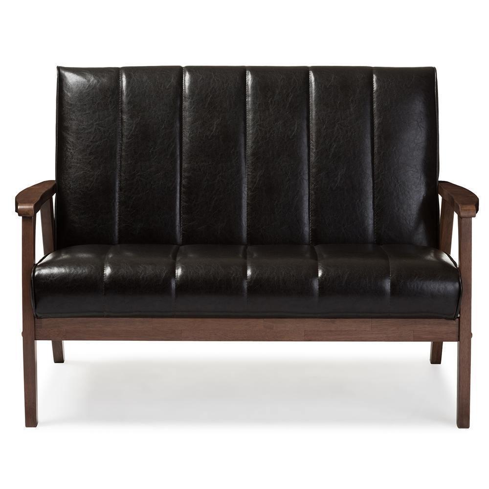 Nikko Mid-century Modern Scandinavian Style Dark Brown Faux Leather Wooden 2-Seater Loveseat FredCo