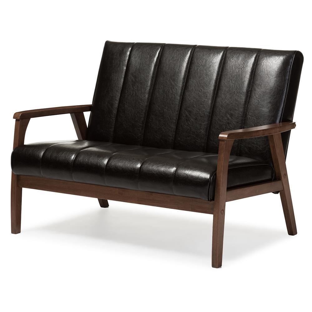 Nikko Mid-century Modern Scandinavian Style Dark Brown Faux Leather Wooden 2-Seater Loveseat FredCo