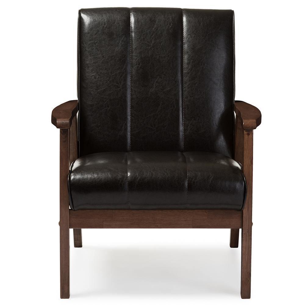 Nikko Mid-century Modern Scandinavian Style Dark Brown Faux Leather Wooden Lounge Chair FredCo