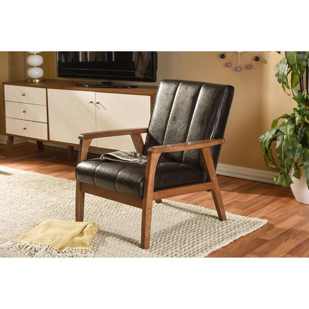 Nikko Mid-century Modern Scandinavian Style Dark Brown Faux Leather Wooden Lounge Chair FredCo