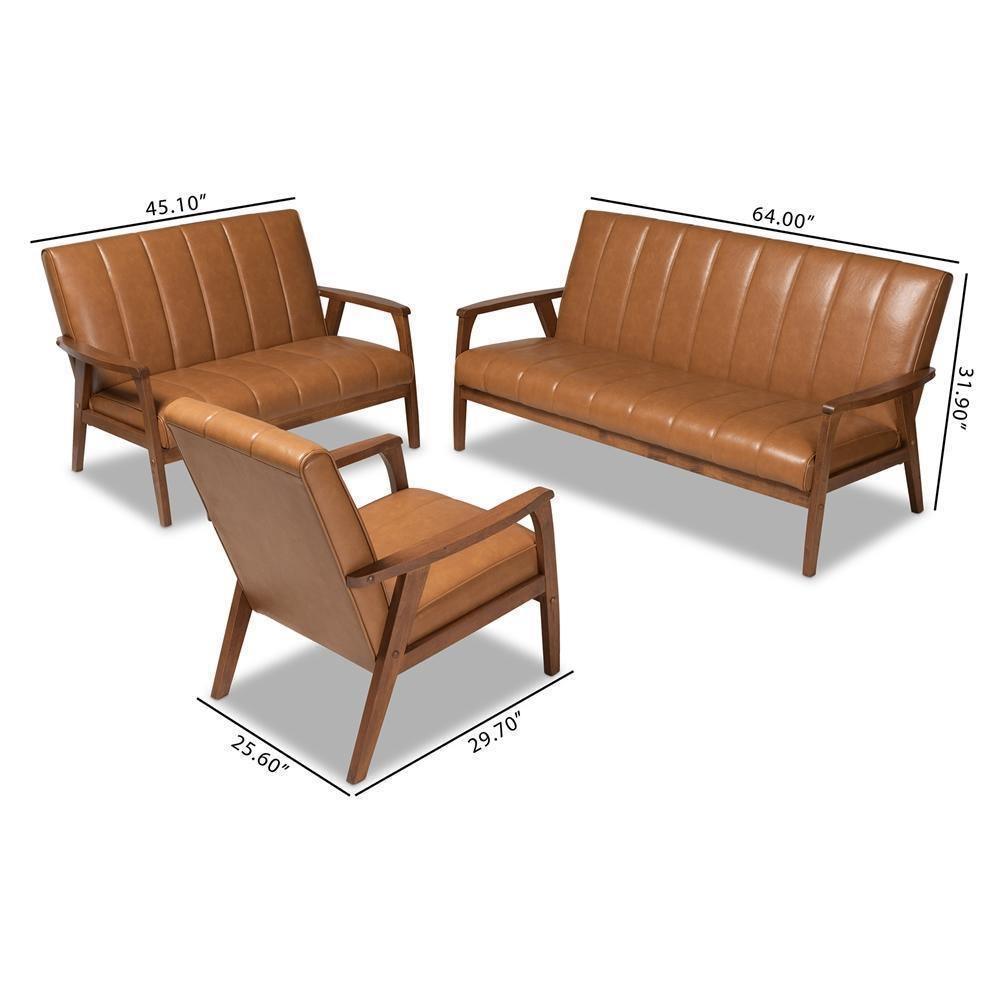 Nikko Mid-century Modern Tan Faux Leather Upholstered and Walnut Brown finished Wood 3-Piece Living Room Set FredCo