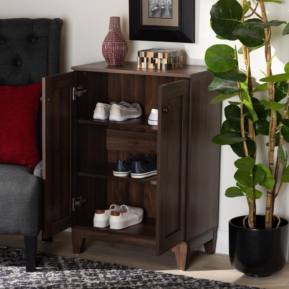 Nissa Modern and Contemporary Walnut Brown Finished Wood 2-Door Shoe Storage Cabinet FredCo
