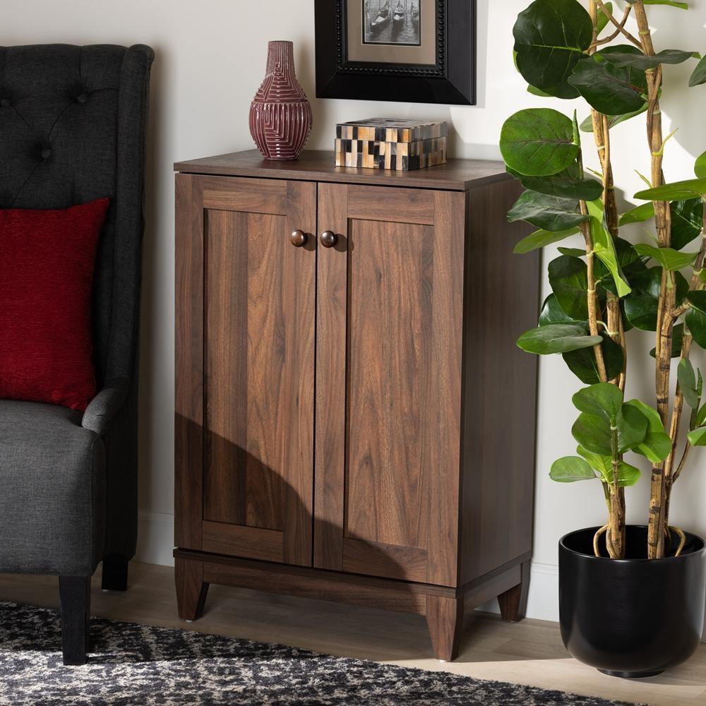 Nissa Modern and Contemporary Walnut Brown Finished Wood 2-Door Shoe Storage Cabinet FredCo