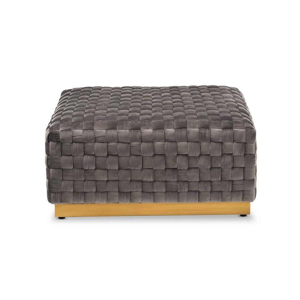 Noah Luxe and Glam Grey Velvet Fabric Upholstered and Gold Finished Square Cocktail Ottoman FredCo