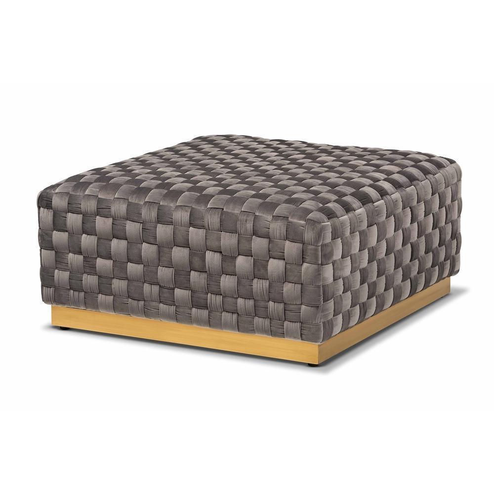 Noah Luxe and Glam Grey Velvet Fabric Upholstered and Gold Finished Square Cocktail Ottoman FredCo