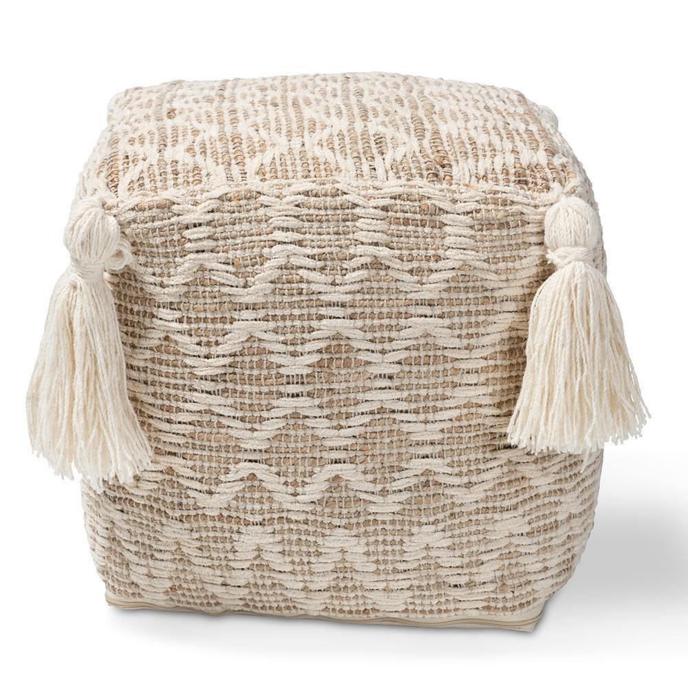 Noland Moroccan Inspired Natural and Ivory Handwoven Cotton and Hemp Pouf Ottoman FredCo