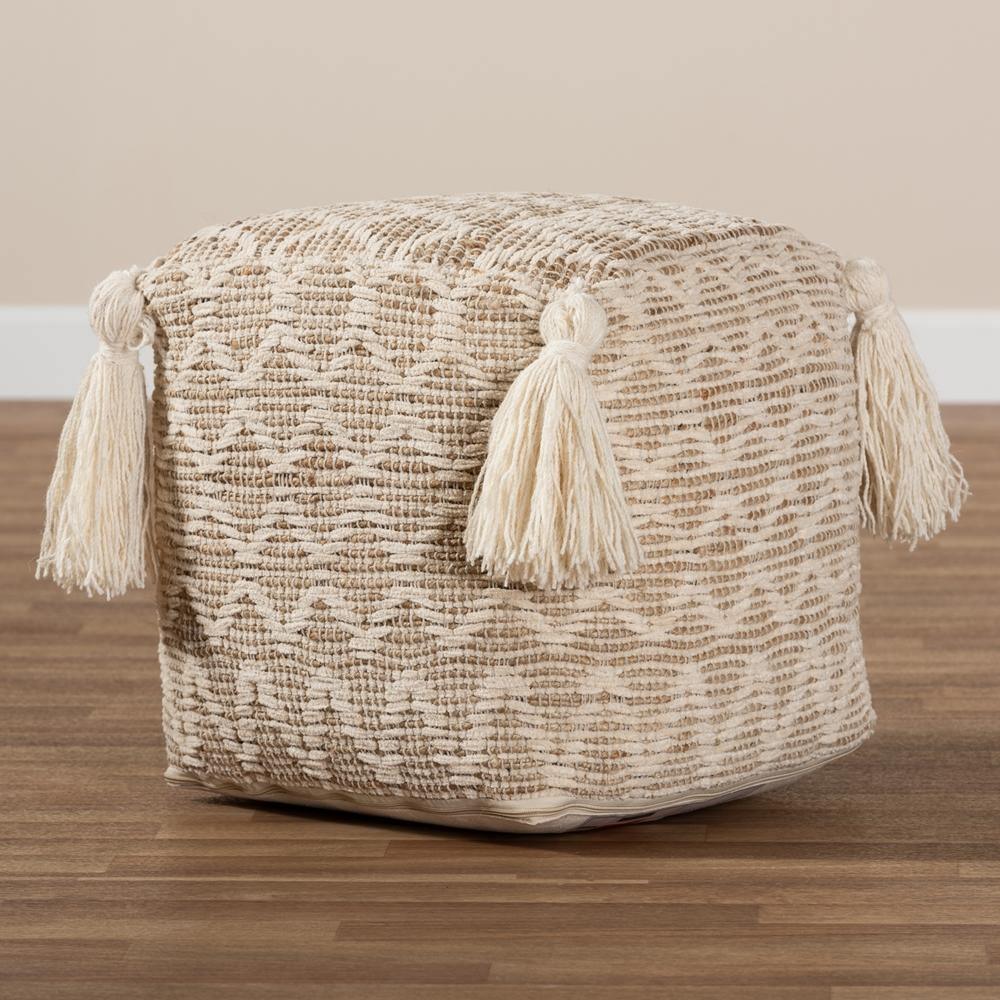 Noland Moroccan Inspired Natural and Ivory Handwoven Cotton and Hemp Pouf Ottoman FredCo