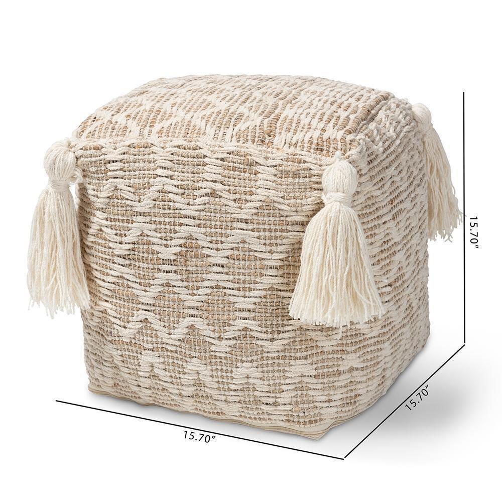 Noland Moroccan Inspired Natural and Ivory Handwoven Cotton and Hemp Pouf Ottoman FredCo
