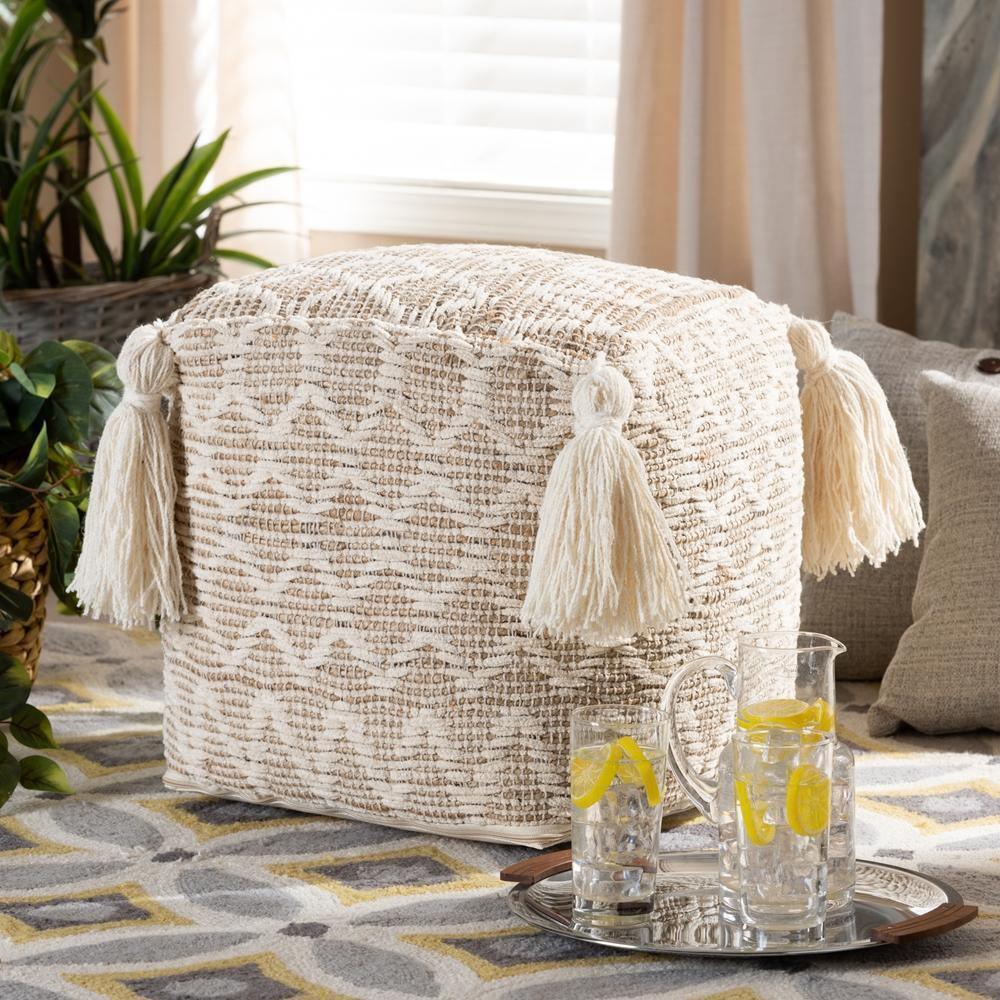 Noland Moroccan Inspired Natural and Ivory Handwoven Cotton and Hemp Pouf Ottoman FredCo