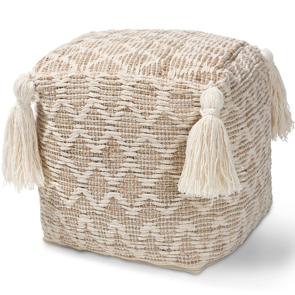 Noland Moroccan Inspired Natural and Ivory Handwoven Cotton and Hemp Pouf Ottoman FredCo