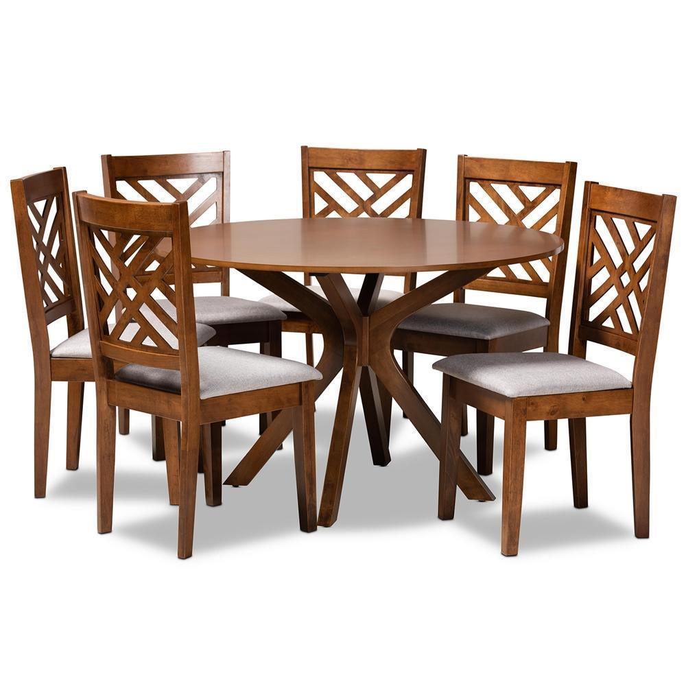 Norah Modern and Contemporary Grey Fabric Upholstered and Walnut Brown Finished Wood 7-Piece Dining Set FredCo