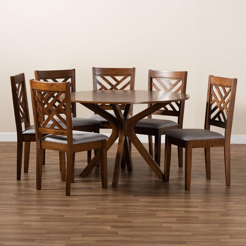 Norah Modern and Contemporary Grey Fabric Upholstered and Walnut Brown Finished Wood 7-Piece Dining Set FredCo