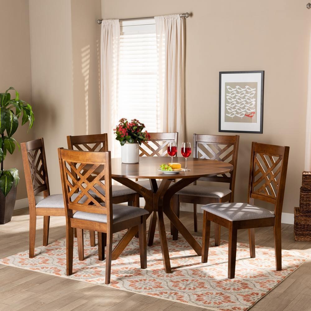 Norah Modern and Contemporary Grey Fabric Upholstered and Walnut Brown Finished Wood 7-Piece Dining Set FredCo