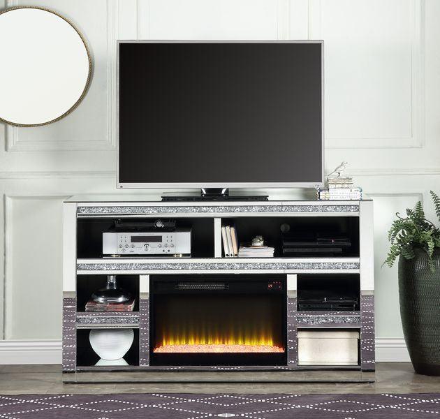Noralie TV Stand w/Fireplace, Mirrored & Faux Diamond FredCo