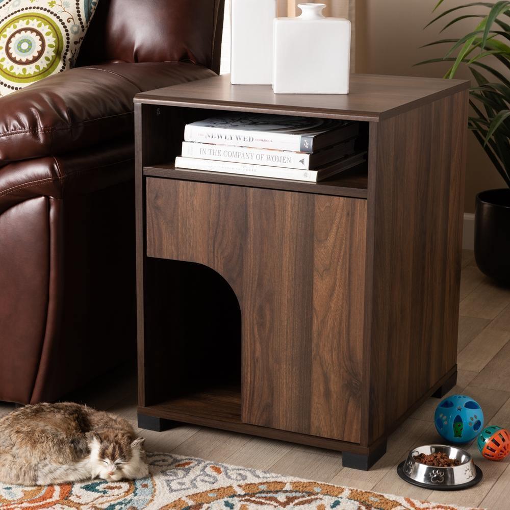 Nova Modern and Contemporary Walnut Brown Finished 1-Door Cat Litter Box Cover House FredCo