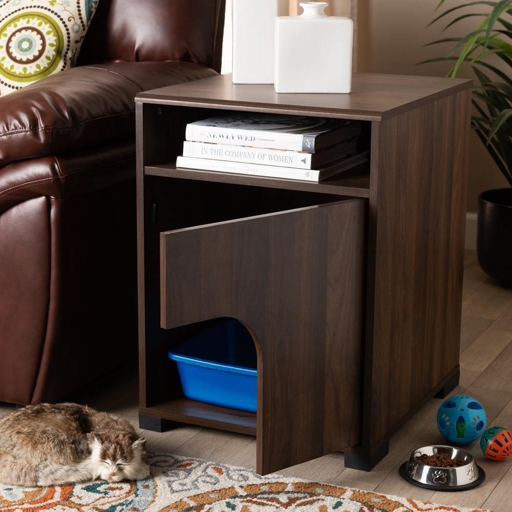 Nova Modern and Contemporary Walnut Brown Finished 1-Door Cat Litter Box Cover House FredCo