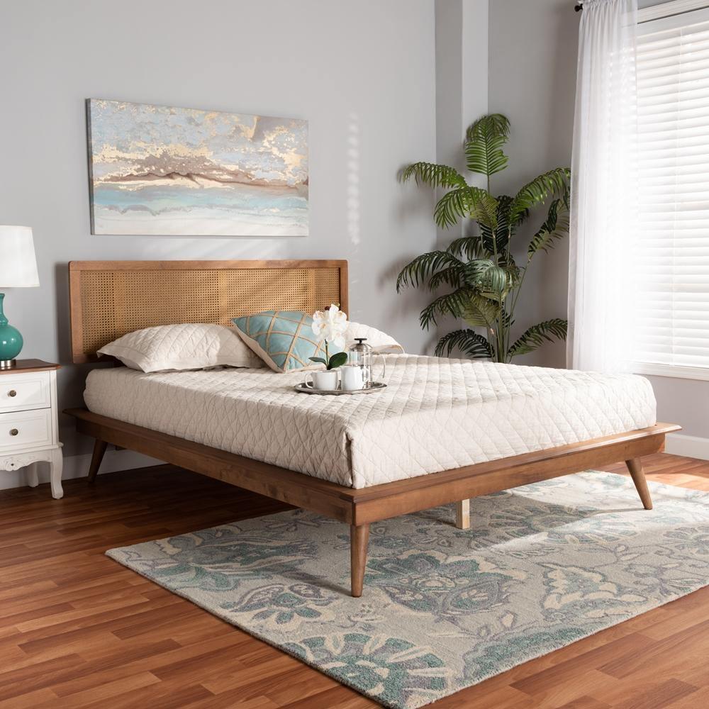 Nura Mid-Century Modern Walnut Brown Finished Wood and Synthetic Rattan Full Size Platform Bed FredCo