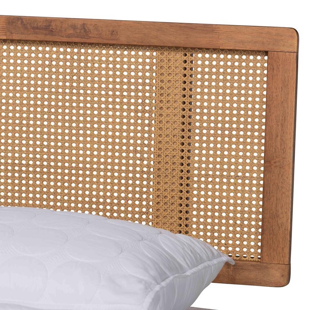 Nura Mid-Century Modern Walnut Brown Finished Wood and Synthetic Rattan Queen Size Platform Bed FredCo