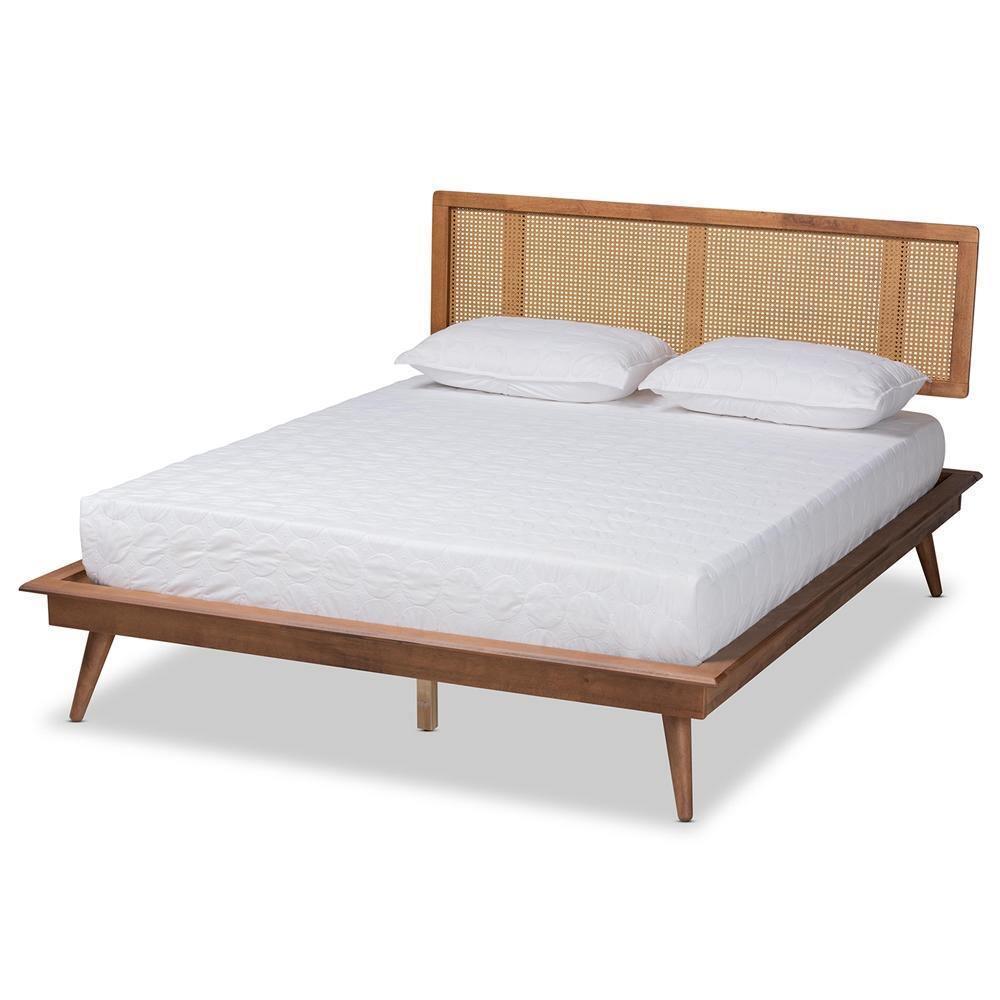 Nura Mid-Century Modern Walnut Brown Finished Wood and Synthetic Rattan Queen Size Platform Bed FredCo