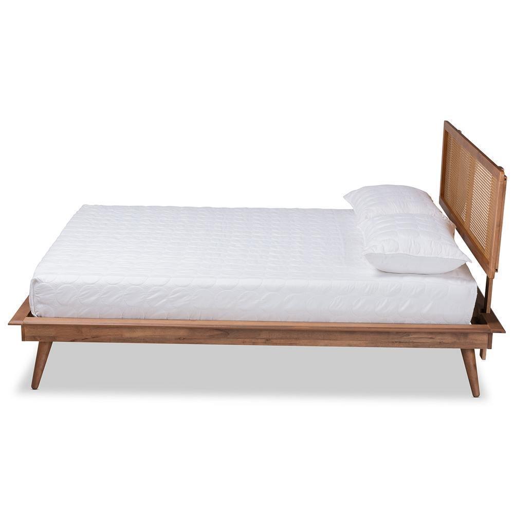 Nura Mid-Century Modern Walnut Brown Finished Wood and Synthetic Rattan Queen Size Platform Bed FredCo