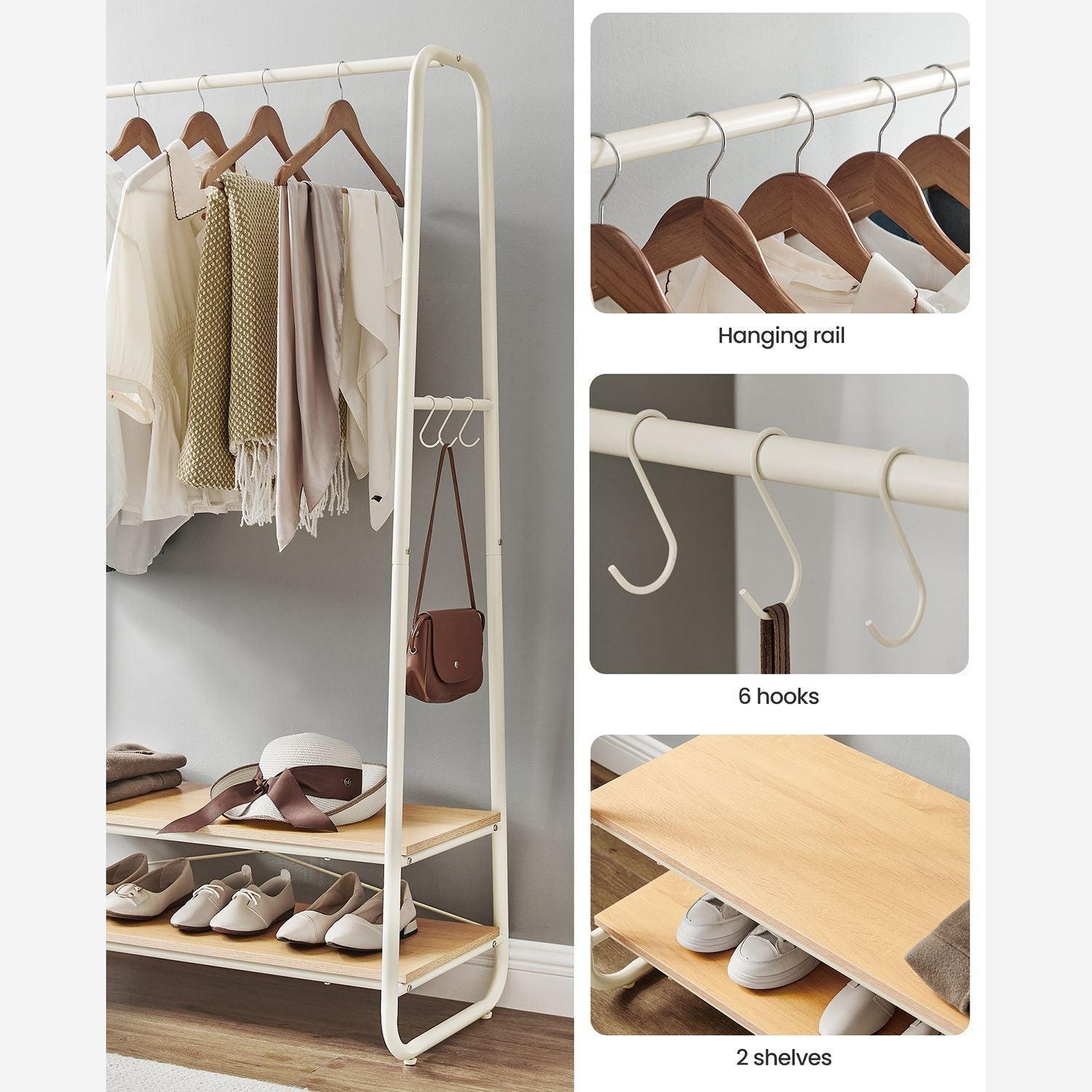 Oak and Cream White Clothes Rack with 2 Shelves, Oak and White FredCo