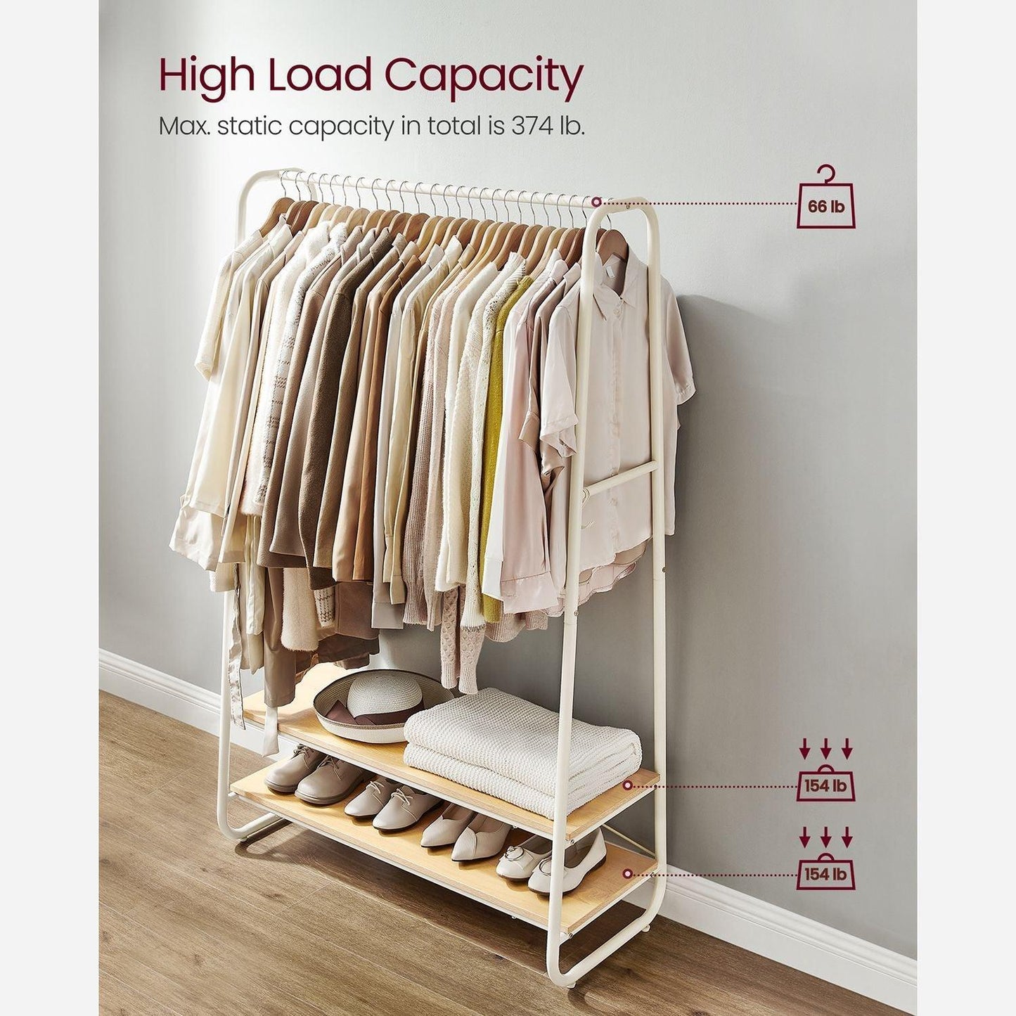 Oak and Cream White Clothes Rack with 2 Shelves, Oak and White FredCo