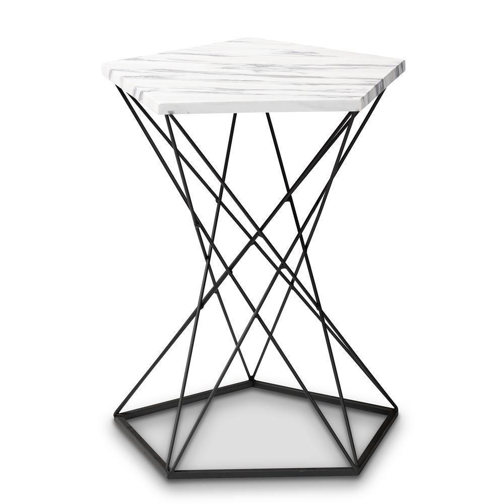 Oberon Modern and Contemporary Black Finished Metal End Table with Faux Marble Tabletop FredCo