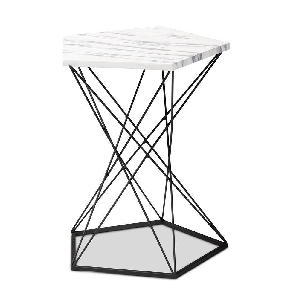 Oberon Modern and Contemporary Black Finished Metal End Table with Faux Marble Tabletop FredCo