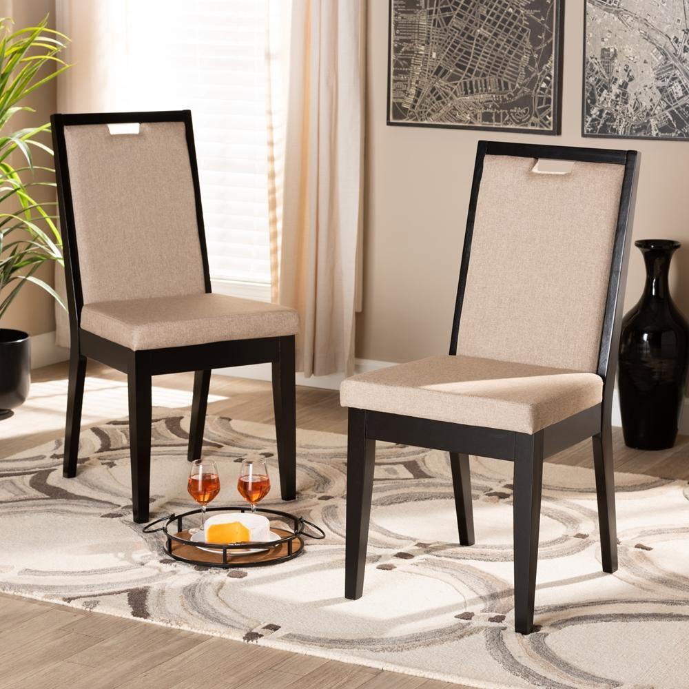 Octavia Modern and Contemporary Sand Fabric Upholstered and Dark Brown Finished Wood 2-Piece Dining Chair Set FredCo