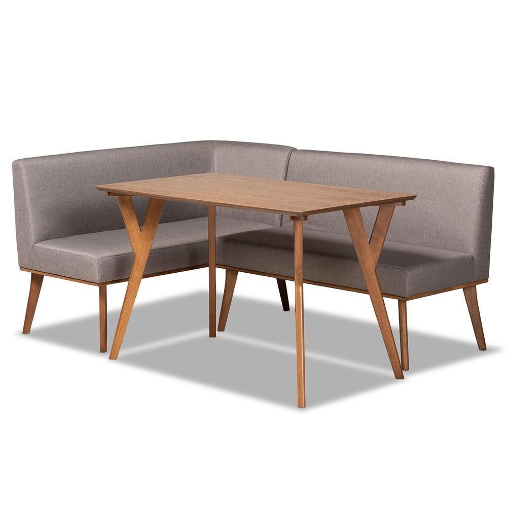 Odessa Mid-Century Modern Grey Fabric Upholstered and Walnut Brown Finished Wood 3-Piece Dining Nook Set FredCo