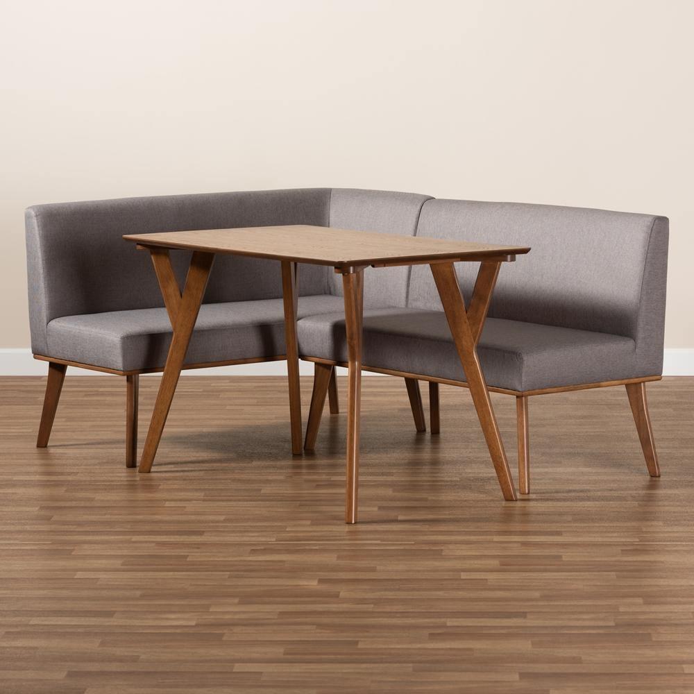 Odessa Mid-Century Modern Grey Fabric Upholstered and Walnut Brown Finished Wood 3-Piece Dining Nook Set FredCo