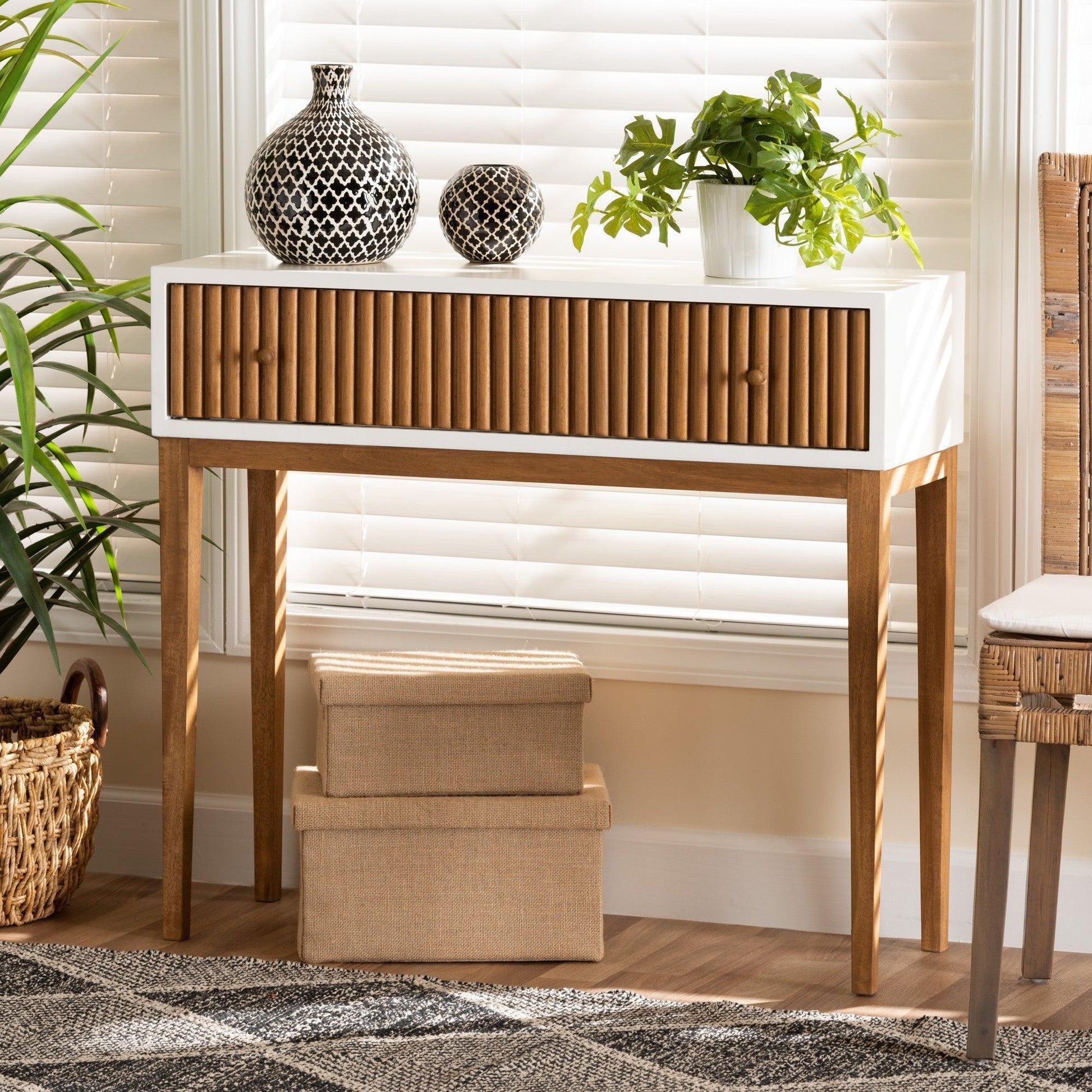 Odile Mid-Century Modern Two-Tone Natural Brown and White Bayur Wood 1-Drawer Console Table FredCo