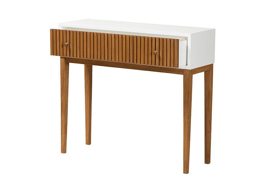 Odile Mid-Century Modern Two-Tone Natural Brown and White Bayur Wood 1-Drawer Console Table FredCo