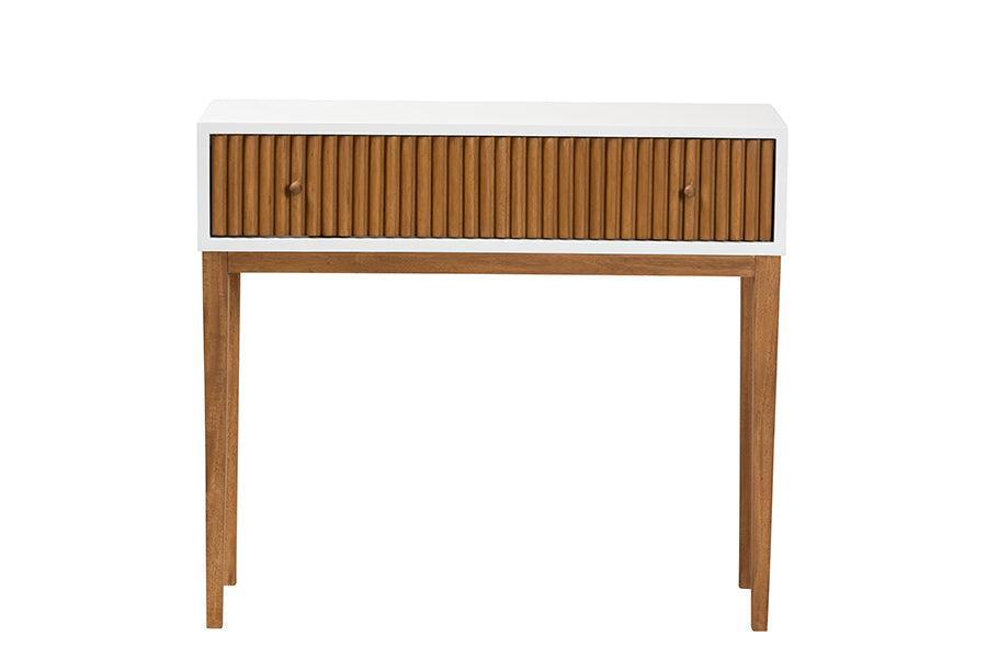 Odile Mid-Century Modern Two-Tone Natural Brown and White Bayur Wood 1-Drawer Console Table FredCo