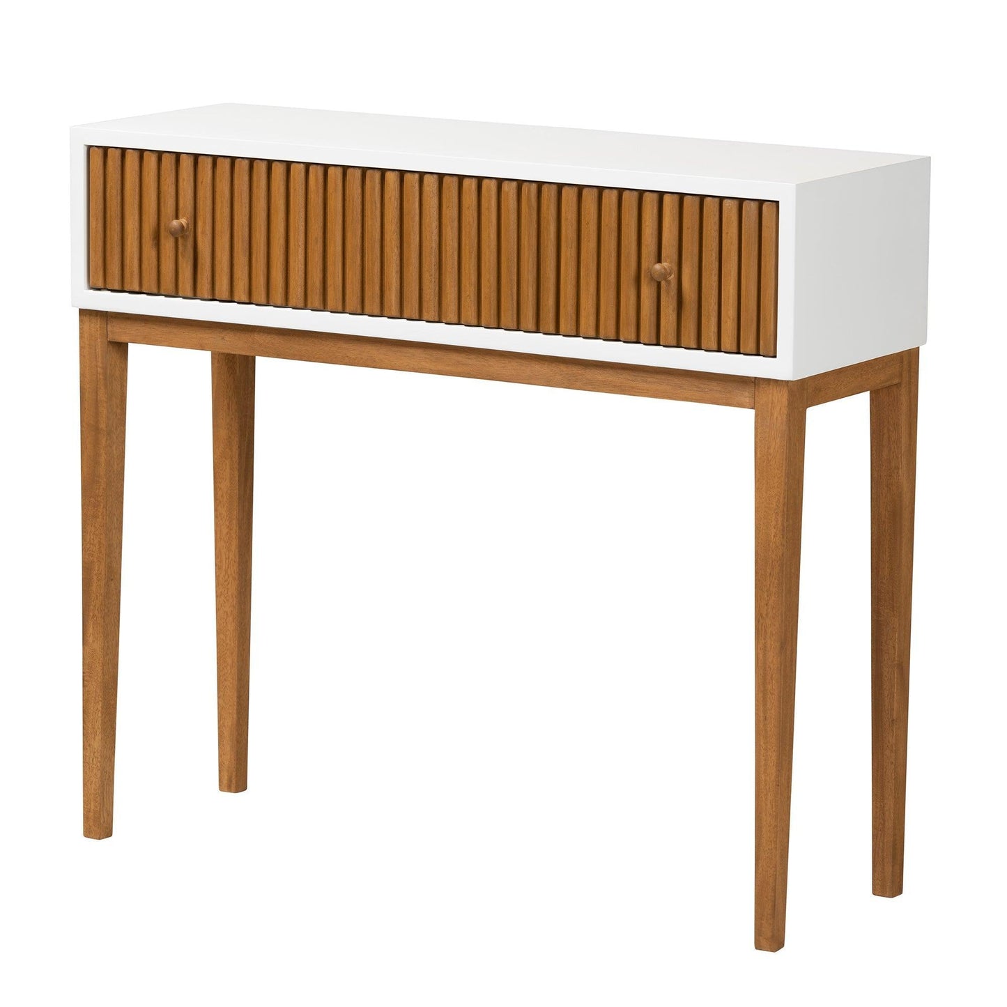 Odile Mid-Century Modern Two-Tone Natural Brown and White Bayur Wood 1-Drawer Console Table FredCo