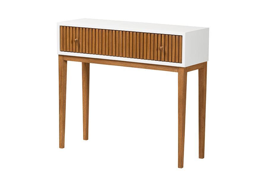 Odile Mid-Century Modern Two-Tone Natural Brown and White Bayur Wood 1-Drawer Console Table FredCo