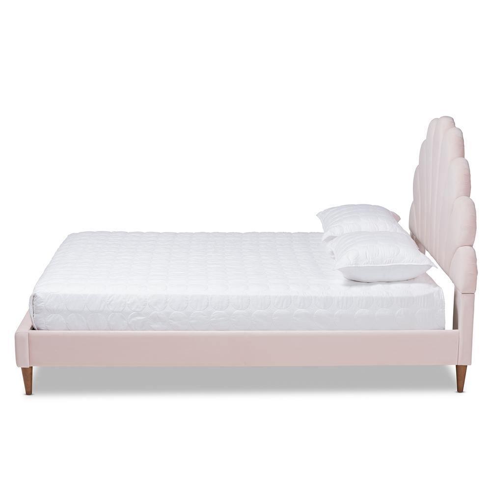 Odille Modern Glam Light Pink Velvet Upholstered Walnut Brown Finished Wood Queen Size Seashell Shaped Platform Bed FredCo