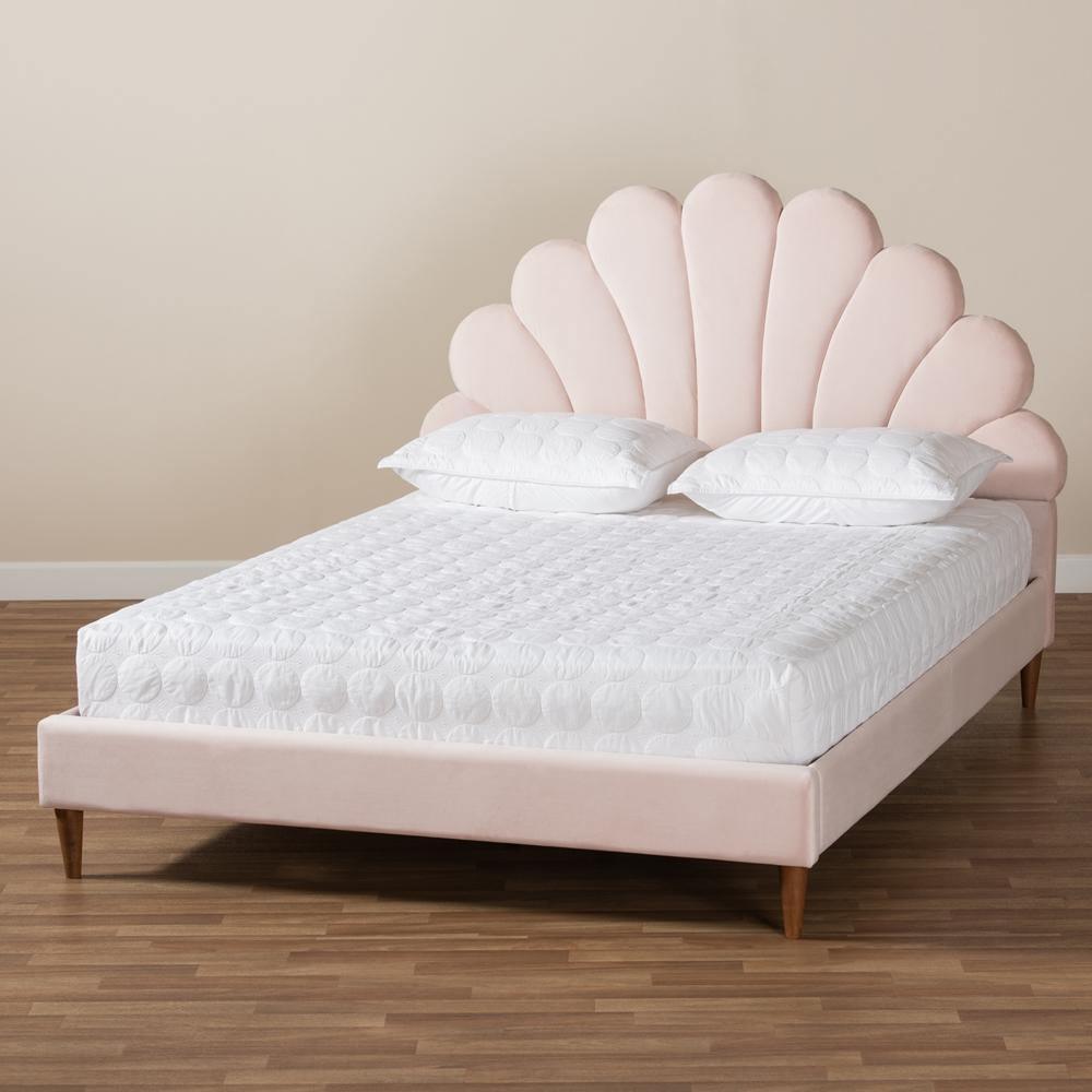 Odille Modern Glam Light Pink Velvet Upholstered Walnut Brown Finished Wood Queen Size Seashell Shaped Platform Bed FredCo