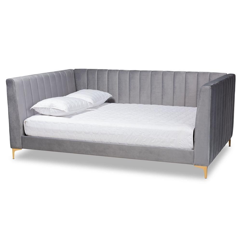 Oksana Modern Contemporary Glam and Luxe Light Grey Velvet Fabric Upholstered and Gold Finished Full Size Daybed FredCo