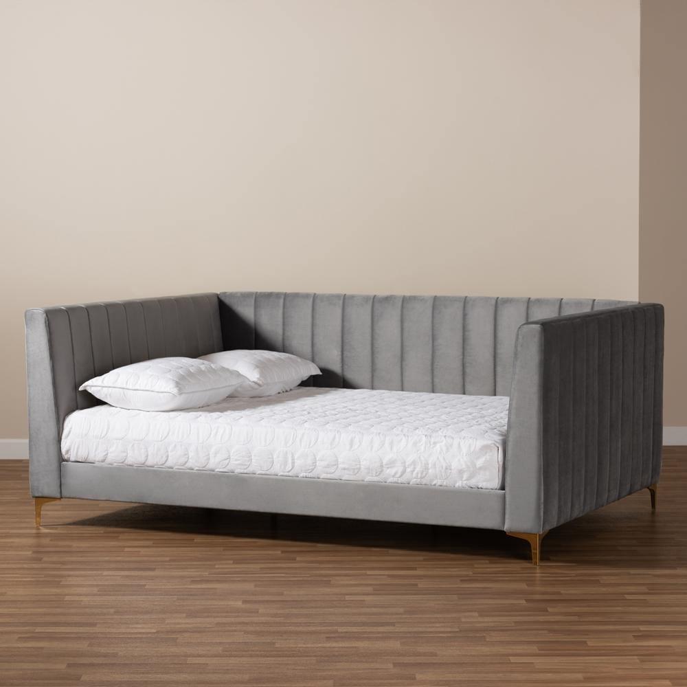 Oksana Modern Contemporary Glam and Luxe Light Grey Velvet Fabric Upholstered and Gold Finished Full Size Daybed FredCo