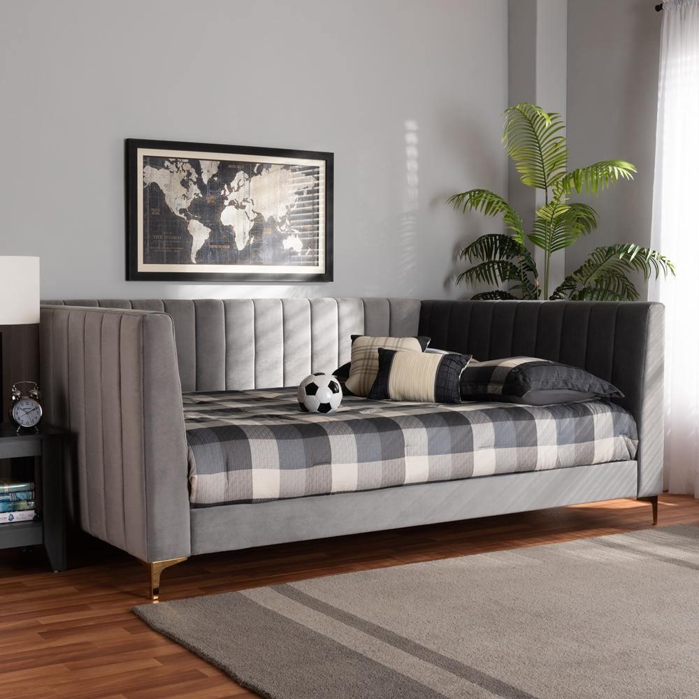 Oksana Modern Contemporary Glam and Luxe Light Grey Velvet Fabric Upholstered and Gold Finished Full Size Daybed FredCo
